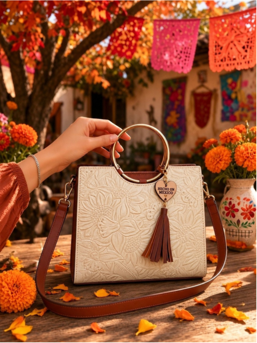 Autumn Ivory Soul Floral Embossed Tooled Artisan LEATHER Crossbody Handbag Purse